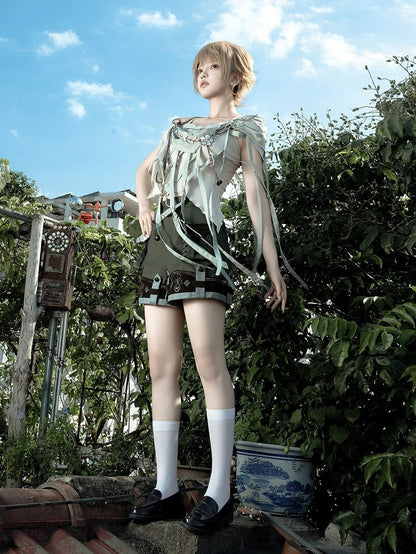 White Sleeveless Top + Asymmetrical Cutout Cape + Dark Green Multi-Button Shorts Set - Unknown Star