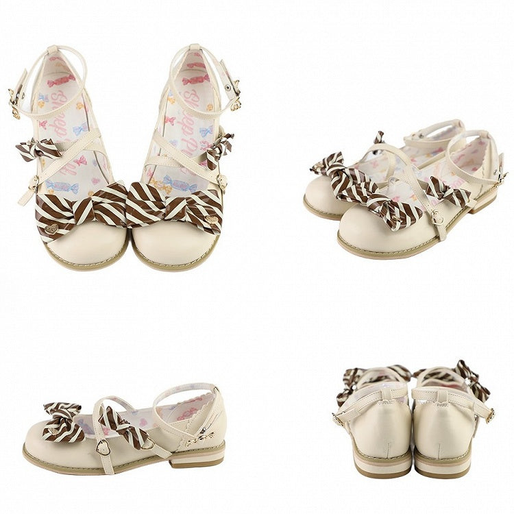 Lolita Crisscross Bow BeigeBraun Schnallen Gestreifte Schuhe Design Top bei Pattern Heart