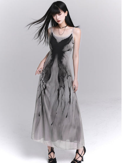 Gothic Gray Butterfly Slim-fitting Slip Dress