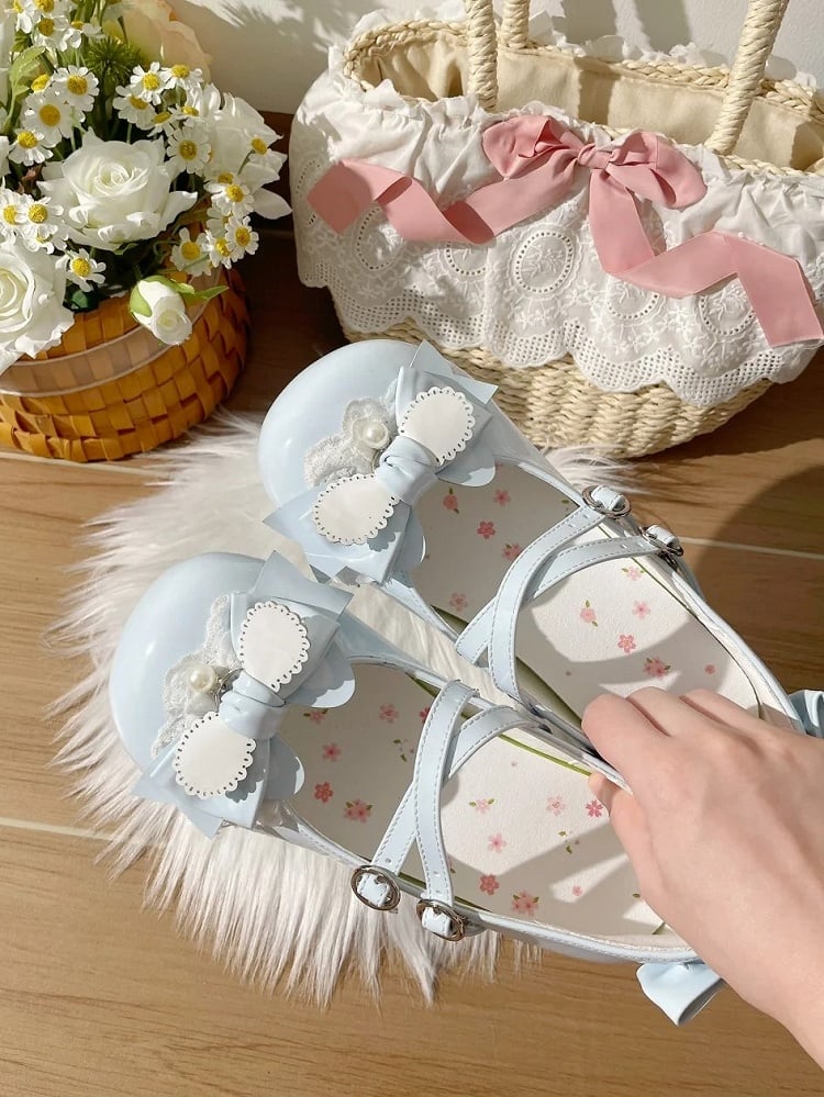 Round Bunny Lolita Mary Accents Low-heel Blue Janes Closure Snap Sweet Bow Themed with