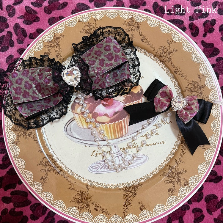 Pink Two BlackDark/Light Hairclips Chain Bowknot Rhinestone Heart Bead Decorated