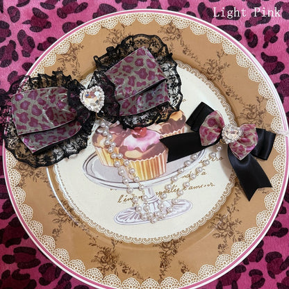 Pink Two BlackDark/Light Hairclips Chain Bowknot Rhinestone Heart Bead Decorated