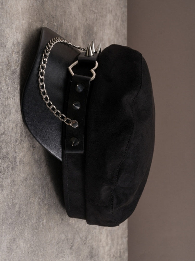 Studs Gothic Ring Beret Black Details Hat Chain Heart Charm