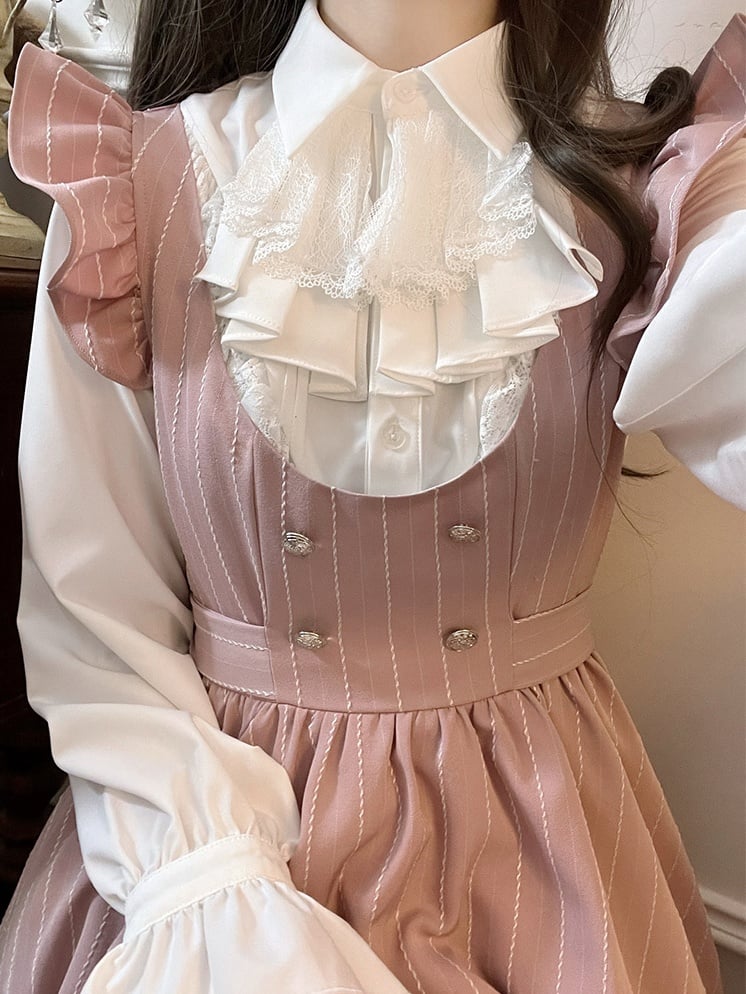 Rosa süßes, gestreiftes Kleid mit Schleife und Spitze, U-Ausschnitt über dem Knie