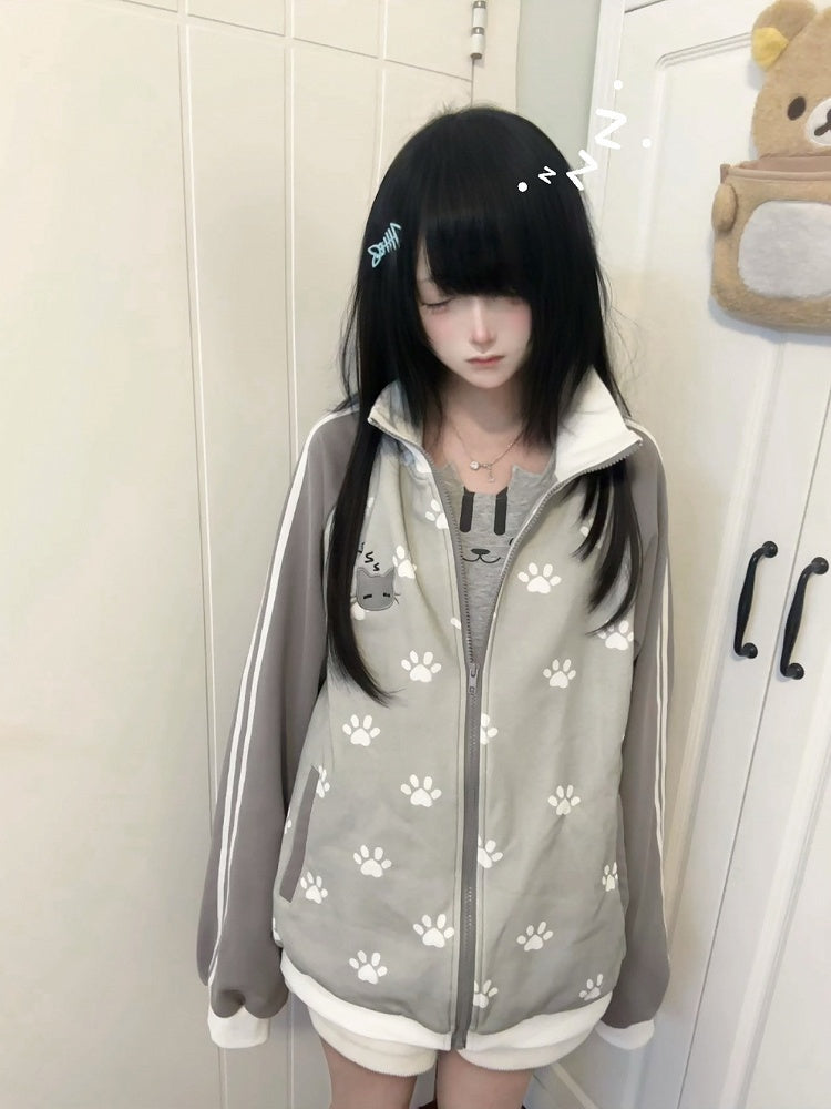 Prints Jacket Grey Cotton Themed Cat with Patch Paw