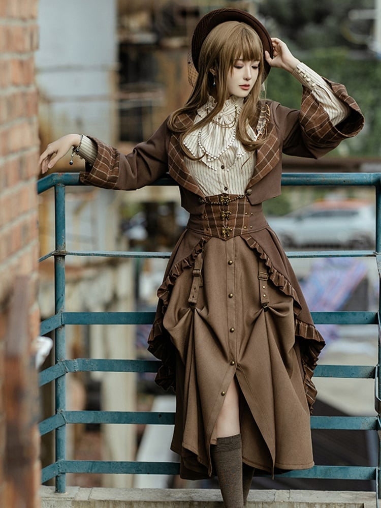 Schleppe Saum Braun Rüschen Plaid Dunkel Muster Steampunk