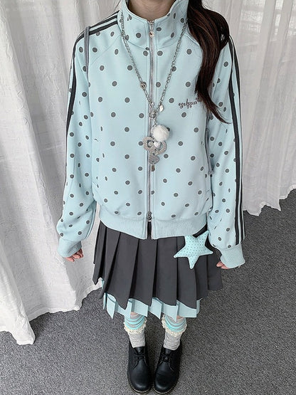 Blue Y2K Polka-Dot Zip-Up Jacket with Striped Accents & Stand Collar - Solkatt