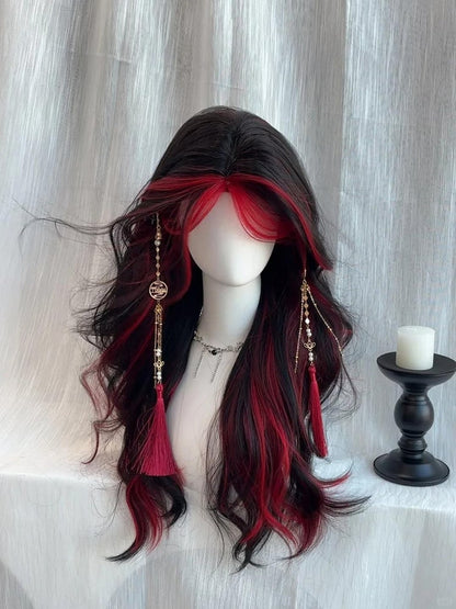 Wig Highlight with Curtain Wavy Long Black Bangs Red 65CM
