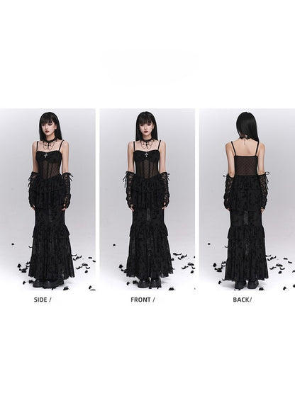 Gothic Black Mermaid Slip Dress with Polka Dot Sheer Top and Floral Embroidery Tiered Skirt - Lady Ghost