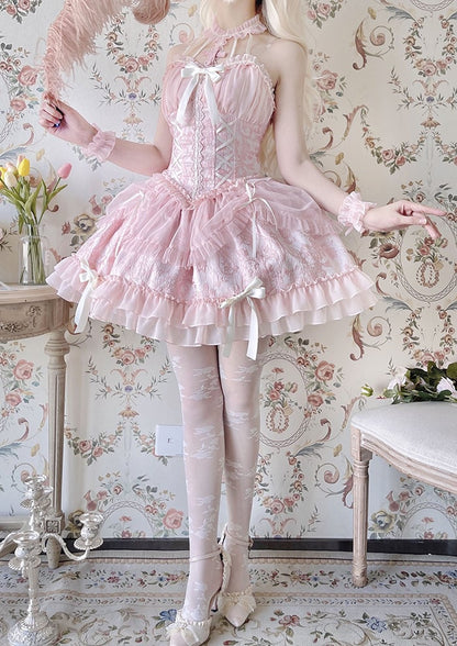 Neck Balletcore Corset Lolita Dress Pink Belle JSK Halter Cross
