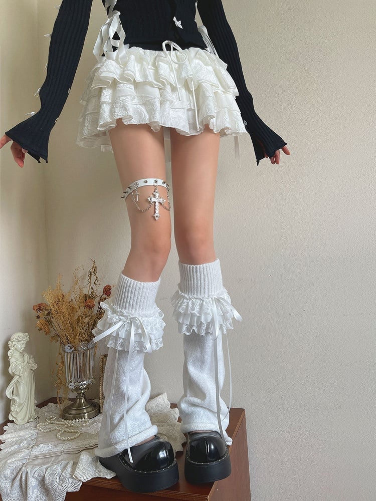 / Lace Accents Ribbon White Ribbed Leg Ruffled Warmers with Black