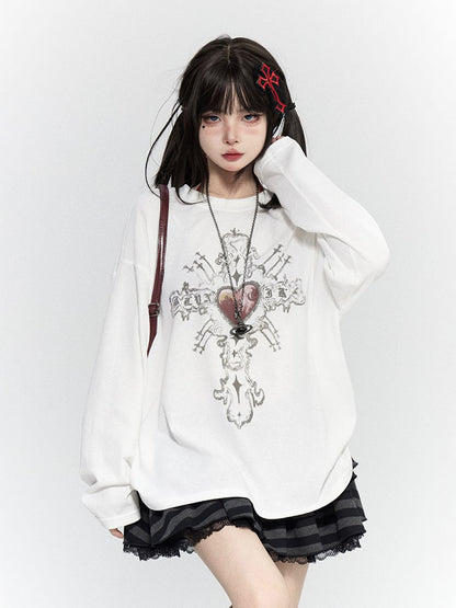 Black White Heart Red Neck Print with Crew Casual Top Cross