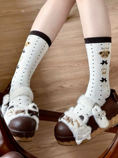 Bear Calf Socks Print Black Lolita Polka-dot Pattern Crown and