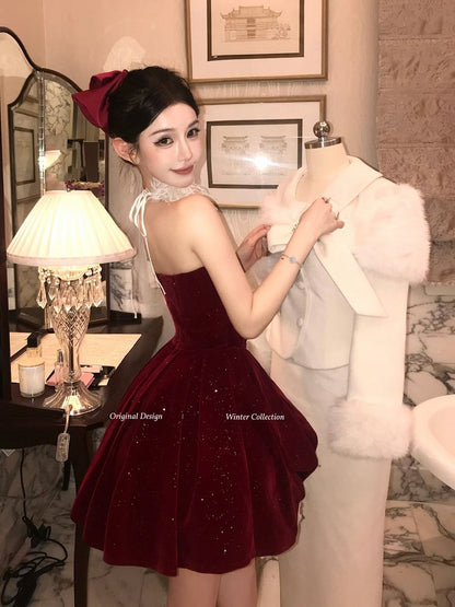 Shimmer Strapless High-low with Velvet Rhinestone Red Detail Mini Dress