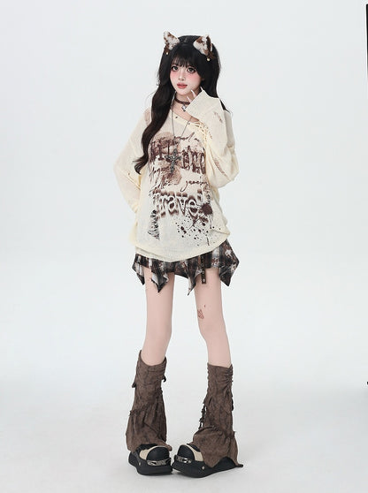 Distressed Holes Lace-up Neckline Ink-jet Print Black/Apricot