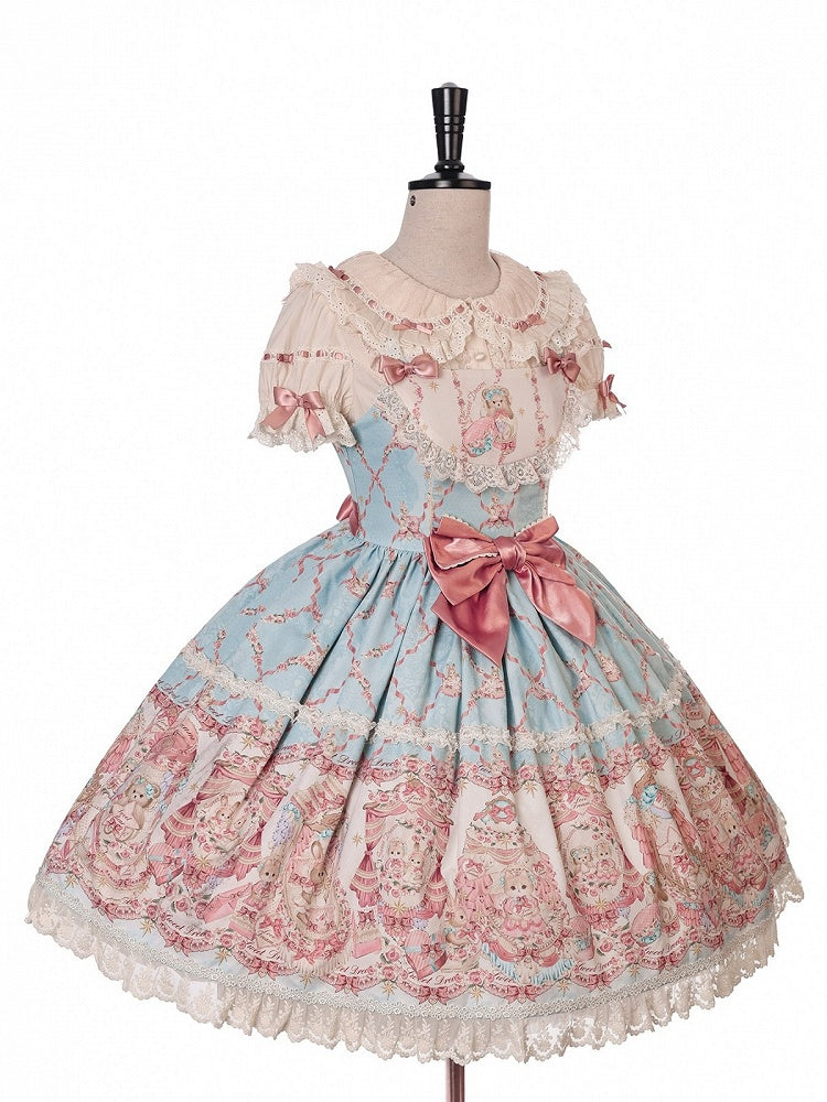 Blue and Pink Sweetheart Doll-Themed Lolita JSK with Toy Bed Print, Bow and Lace Accents - Alice Girl