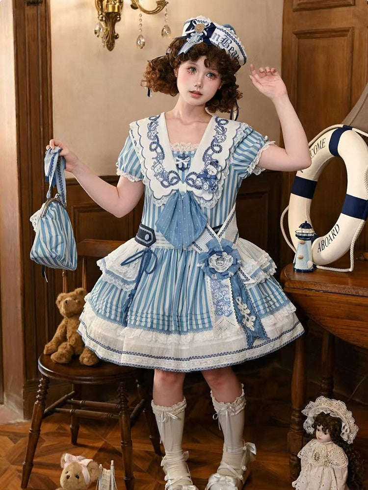 Light Blue Striped Low Waist Sailor Dress with Embroidery - Twin Bear Original Design