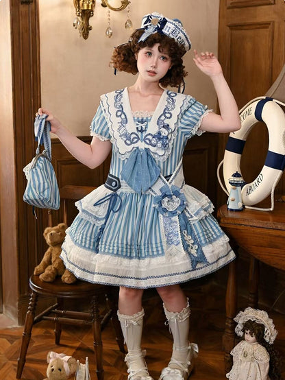 Light Blue Striped Low Waist Sailor Dress with Embroidery - Twin Bear Original Design
