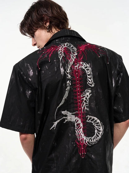 Studs Unisexe à - Chemise à Manches Courtes Motif Serpent Osseux Embellissement Noir
