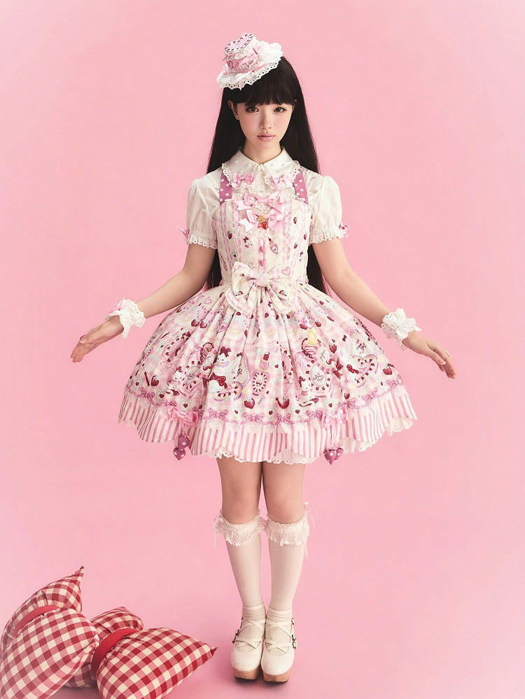 Cream Sweet Lolita Halter Neck JSK Dress with Cosmetics and Cat Print - Pastry Chef