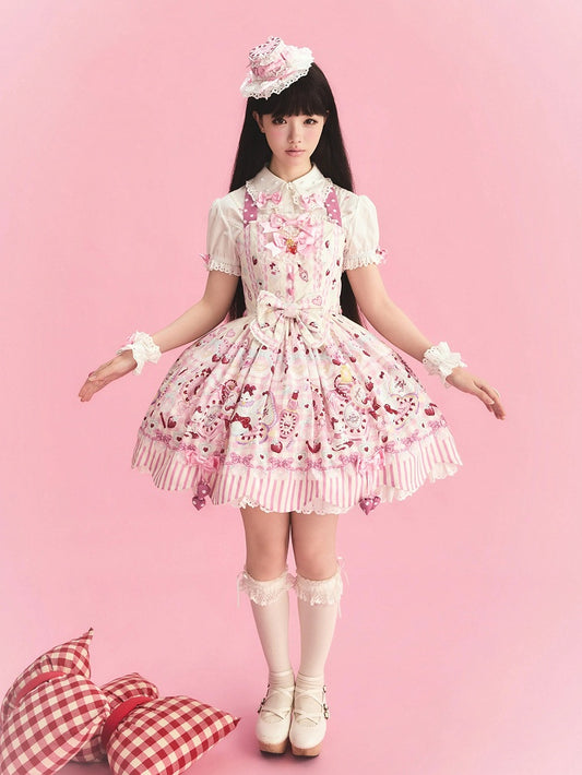 Cream Sweet Lolita Halter Neck JSK Dress with Cosmetics and Cat Print - Pastry Chef