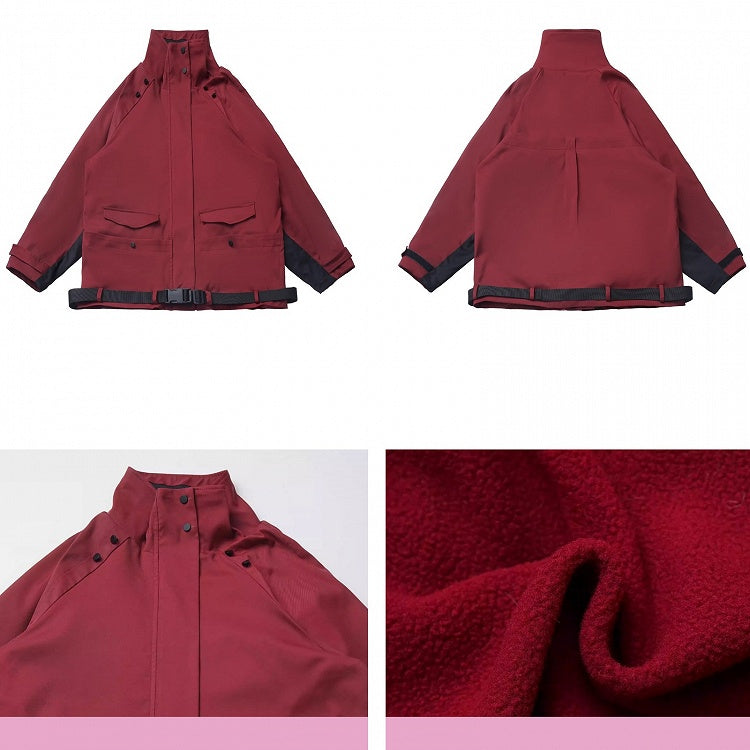 Red and Black Colorblock Sleeves Buckle Strap Unisex Jacket