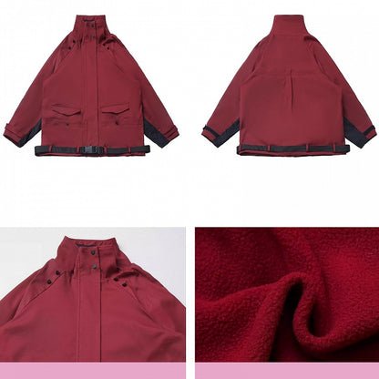 Red and Black Colorblock Sleeves Buckle Strap Unisex Jacket