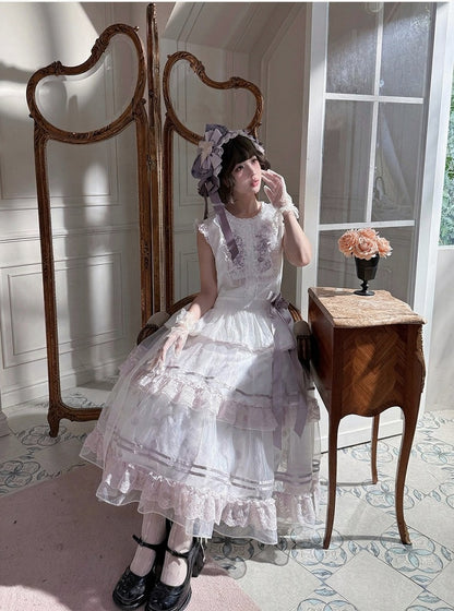 Summer Lolita Top & Skirt Set with Floral Embroidery and Lace - Yimu Walnut