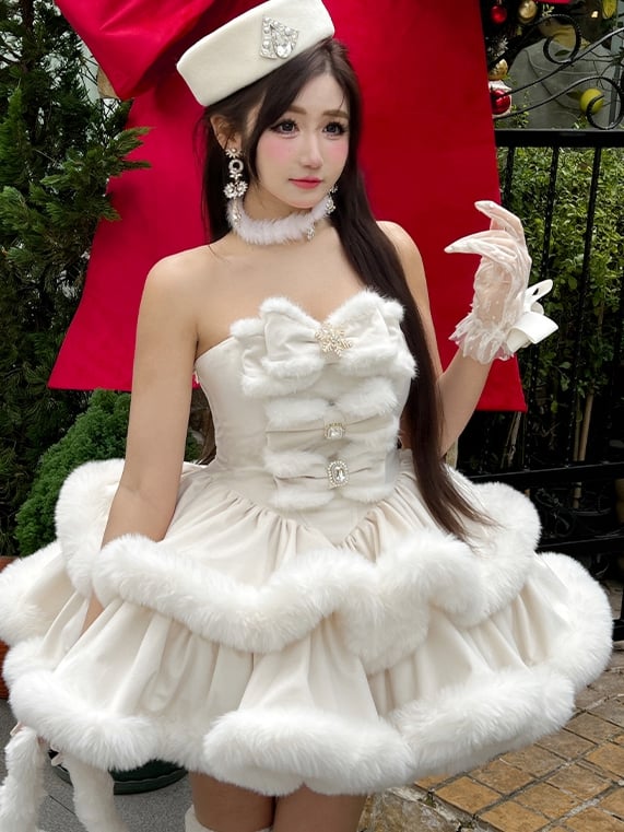 Creamy Snowflake Bows Bodice Plush Trimming Strapless Dress