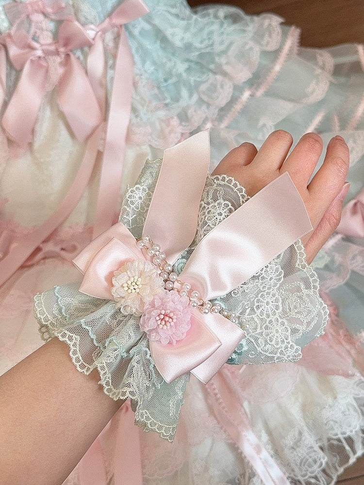 Bowknot Cuffs Floral Charm Design Wrist Beaded GreenPink