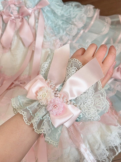 Bowknot Cuffs Floral Charm Design Wrist Beaded GreenPink