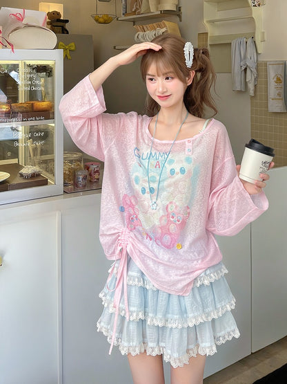 ブルー/ピンクのキュートなセミシースルーヘムの漫画プリントドローストリングトップス