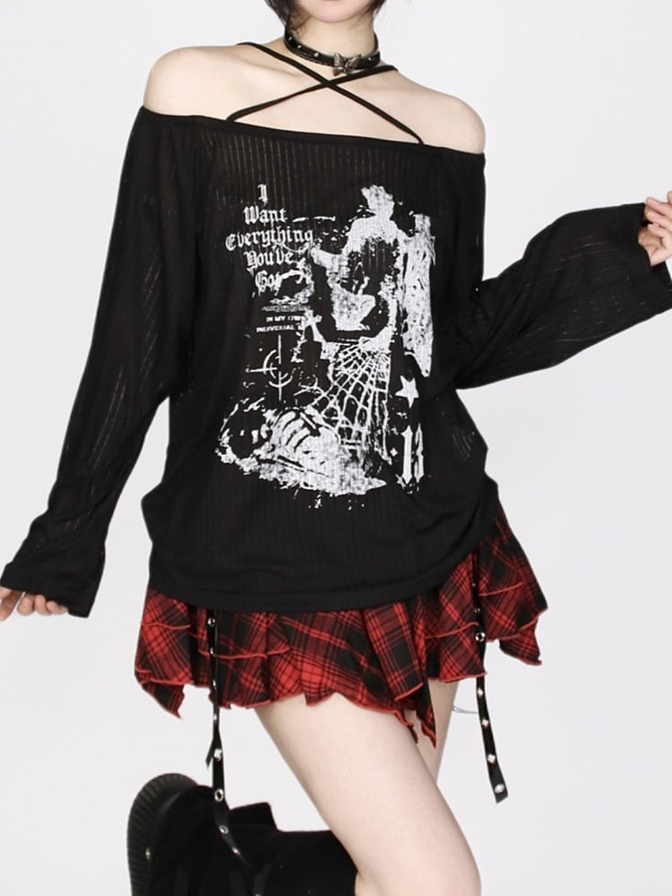 Off-Shoulder Black Knit Top with Cross Halter and Letter Print