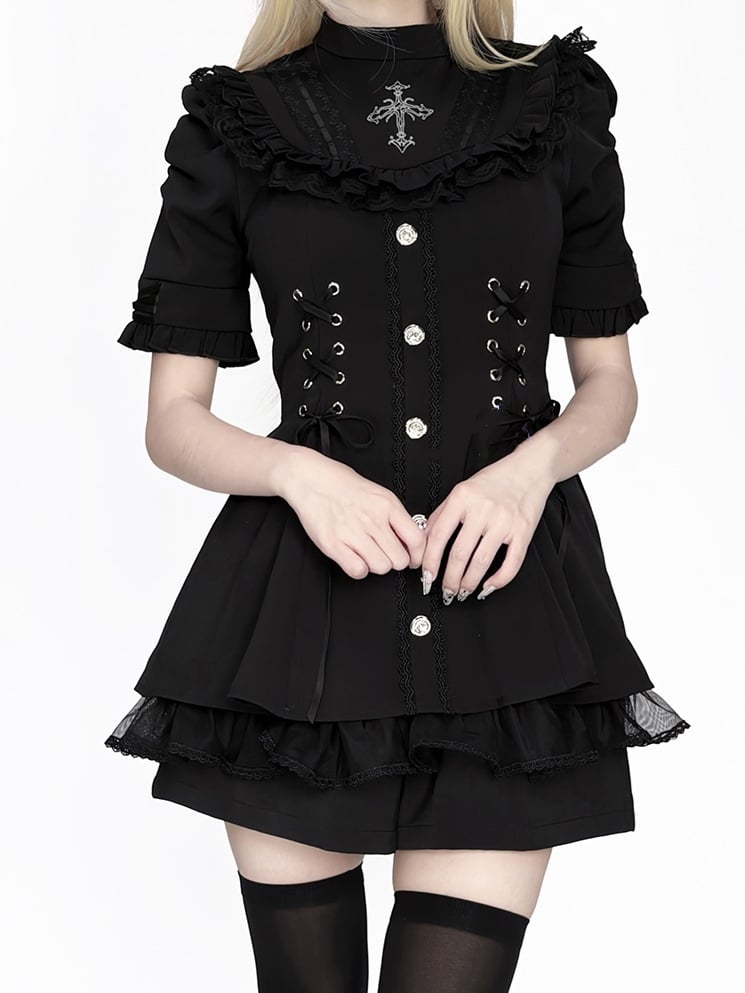 Kei Jirai – Komplett schwarzes Kleid mit Schleife am Ärmel, kurzes Lätzchen und abnehmbarem Set