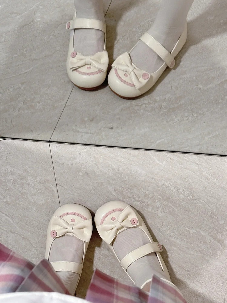 Top Beige Closures Sweet Bow Design Details Strap Pink Flats Toe Velcro Round Button with PU