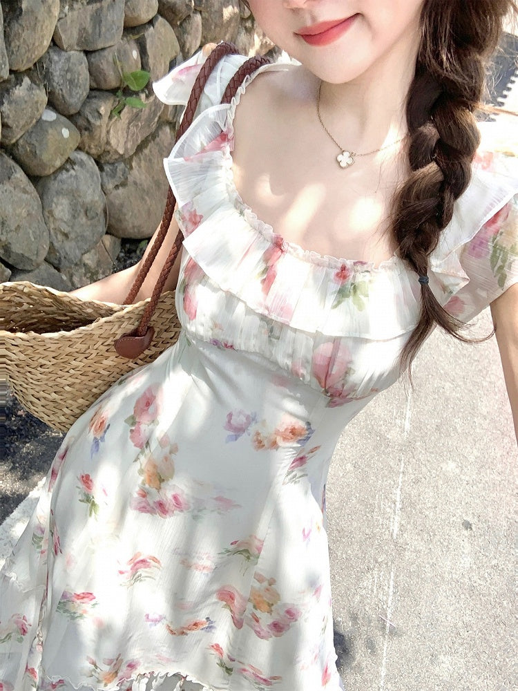 Apricot Summer Vacation Dress with Floral Pattern - Qchiwawameme