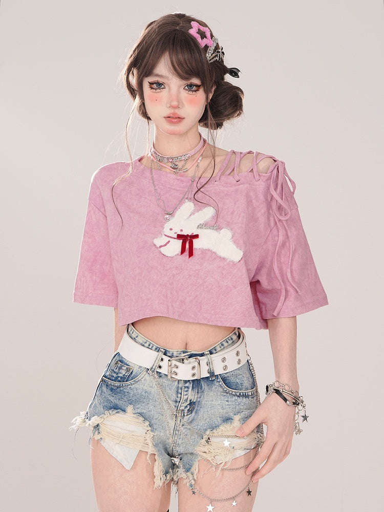 Embroidery Pink Asymmetrical Neckline Lace-Up Cropped T-shirt with Bunny