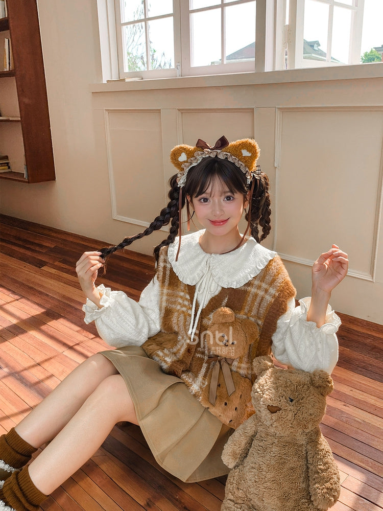 Brown Cute Cookie Bear Adorned Plaid Vest