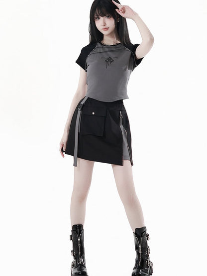 Gray Colorblock Design and Black Techwear T-shirt Lace-up Front