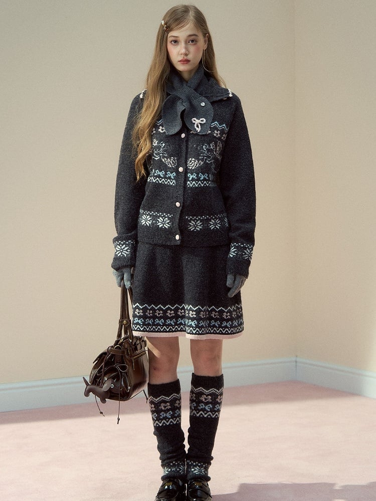 Design Knit Gray Kawaii Skirt with Cat Pattern Vintage Dark