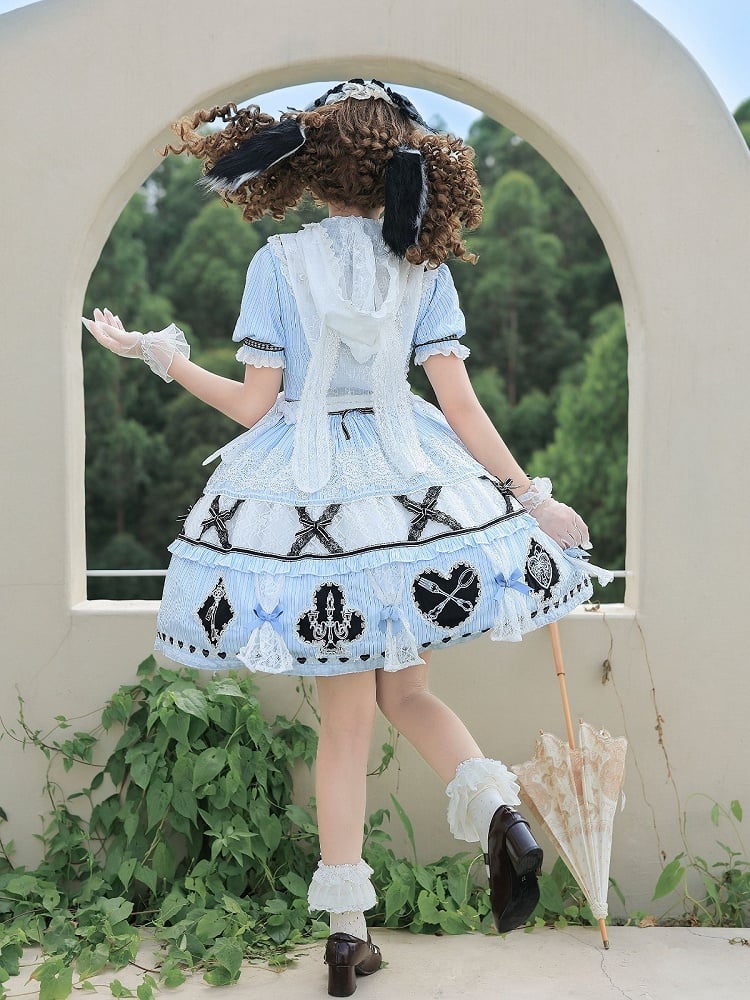 Alice in Wonderland Theme Lolita OP Dress Set with Apron & Rabbit Ear Collar Accessory - Circular chronology Lolita