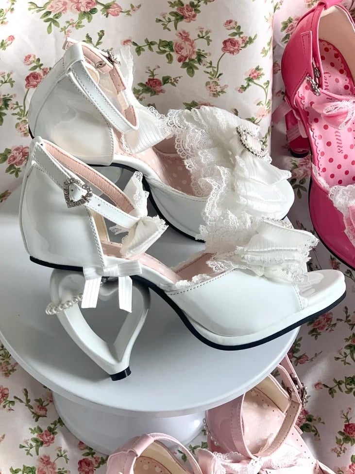 - White Delicate Style Princess Lolita Sandals Beadwork