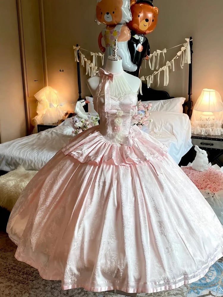 Accents Pink Floral Tie Gown Halter Satin Neck Ball and with