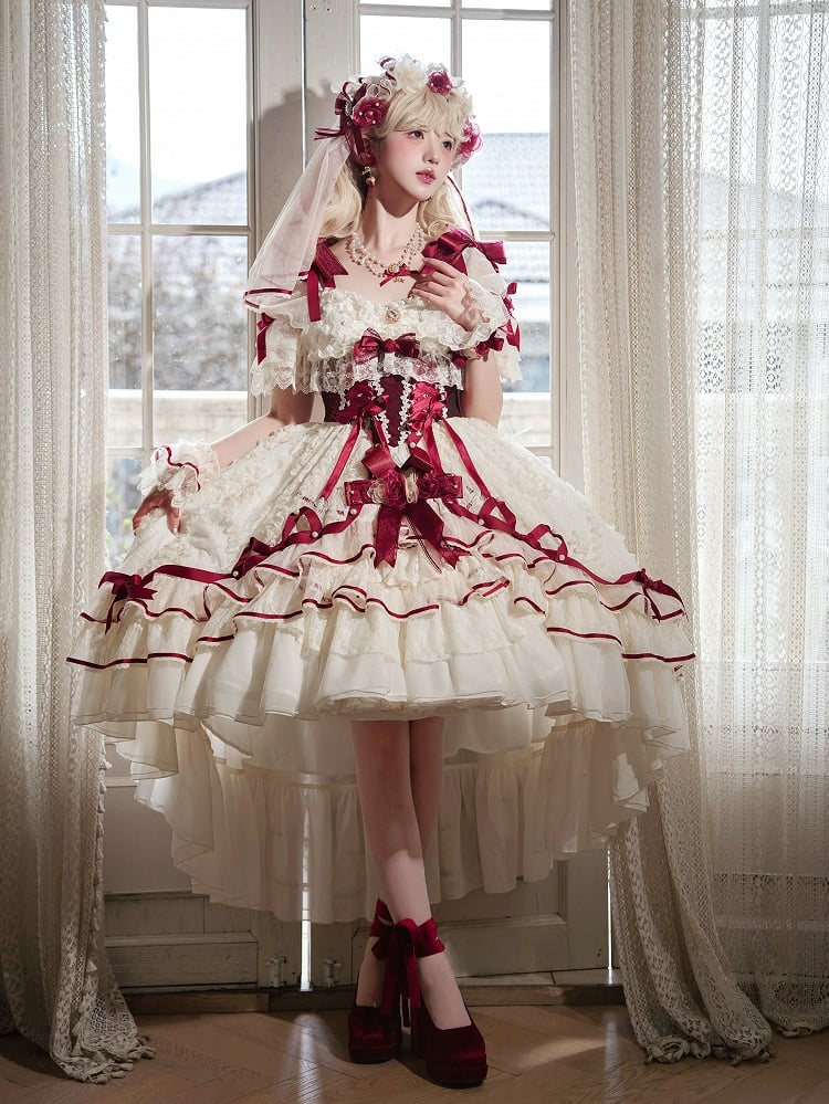 Hime Red Dress Layered Waist Lolita Corset High-low Hanayome