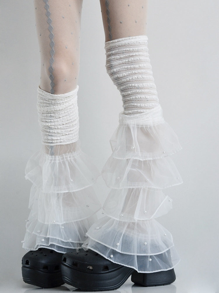 with White/Blue/Pink Ruffled Decorations Leg Warmers Multi-Layered Bead Lace