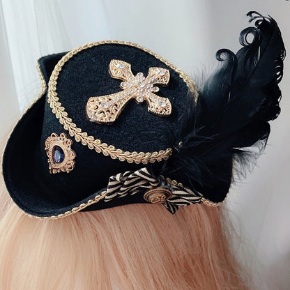 Blue/RedBlack/ All Decorated Rhinestone Feather Cross Pirate Mini Hat Black