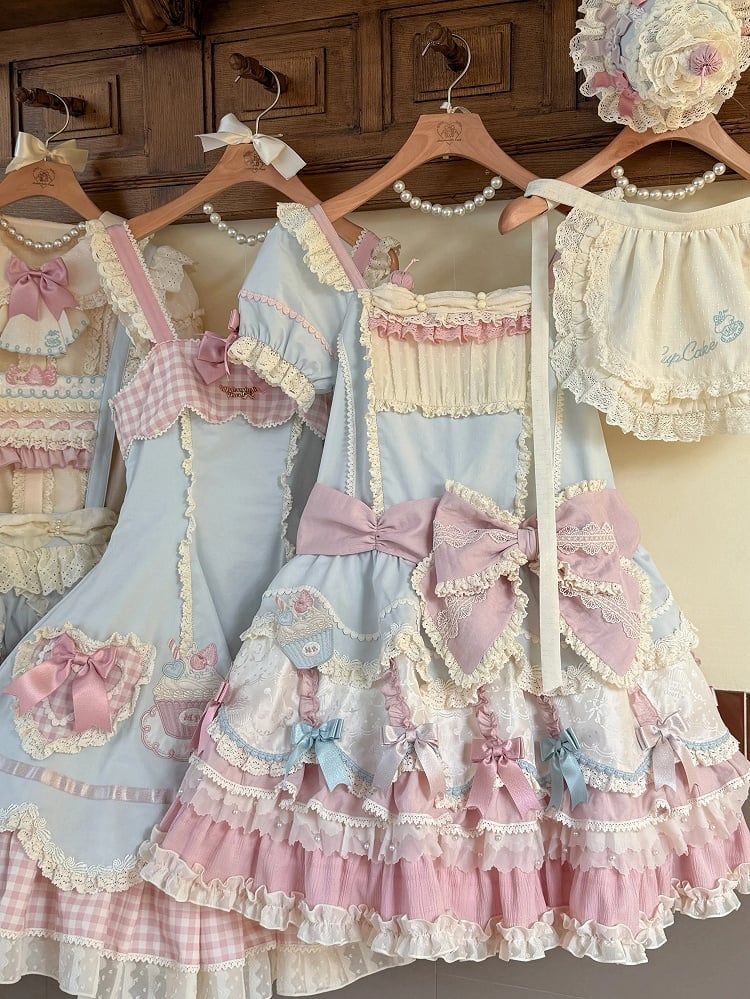 Waist Dropped Blue Sweet Bowknot Hem Dress Layered Details Lolita and Pink