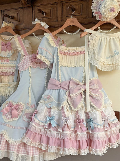 Waist Dropped Blue Sweet Bowknot Hem Dress Layered Details Lolita and Pink