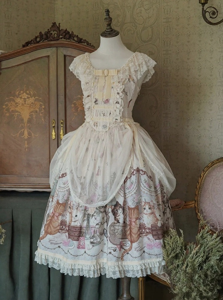 Beige Cat Print Lace Ruffles Sweet Lolita JSK Dress with Drawstring Overlay - NyaNya