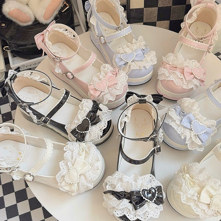 Lace Decor Heart - Sweet Lolita PU Trim Pink Platforms Bow Top